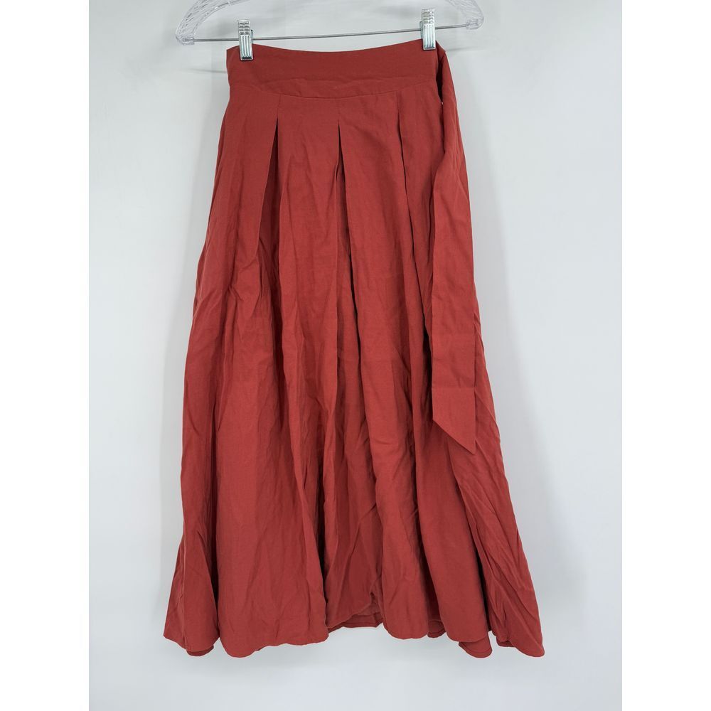 Reiss Women Pleated Midi Rust Linen Blend Skirt High Waisted Tie Waist NWT Sz 0